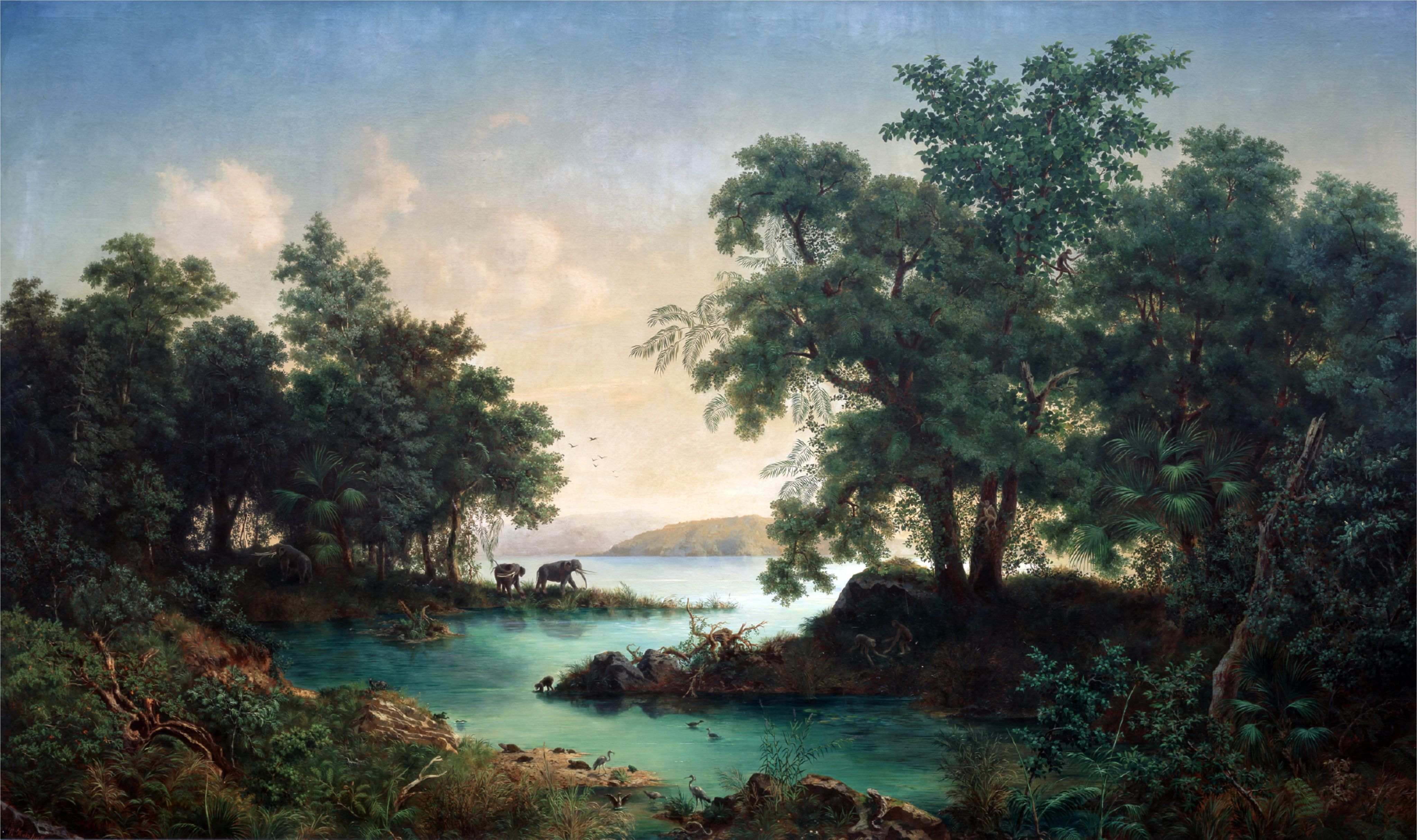 Ölgemäldt mit tropischer Landschaft und Tieren